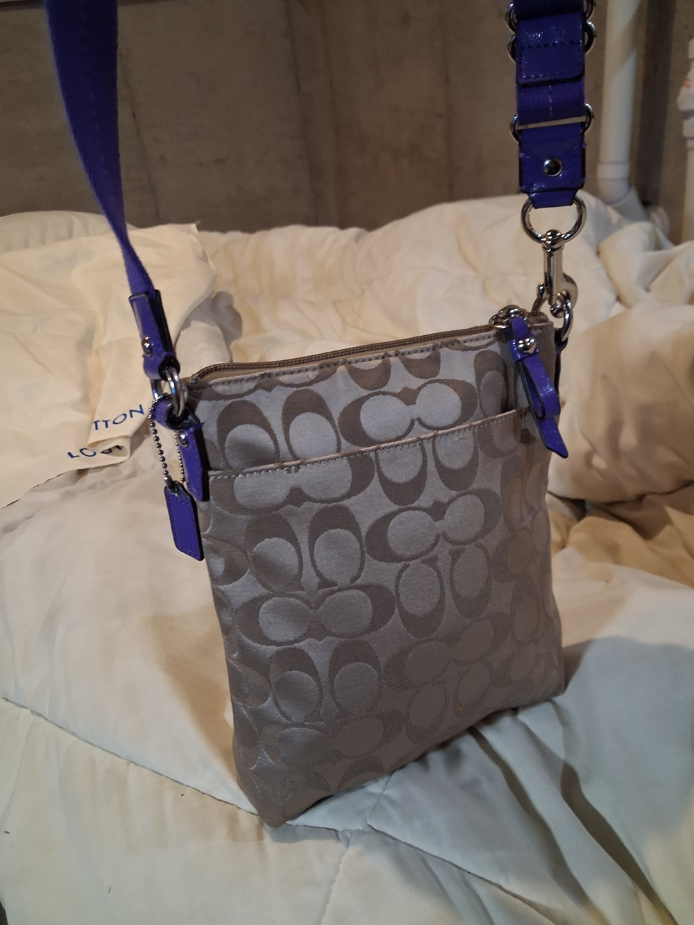 Coach Taupe Signature Crossbody with Purple Strap